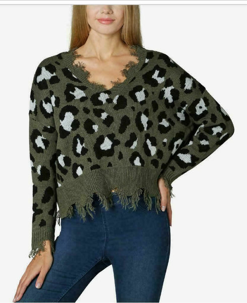 Polly & Esther Juniors' Destructed Animal-Print Sweater, Size L